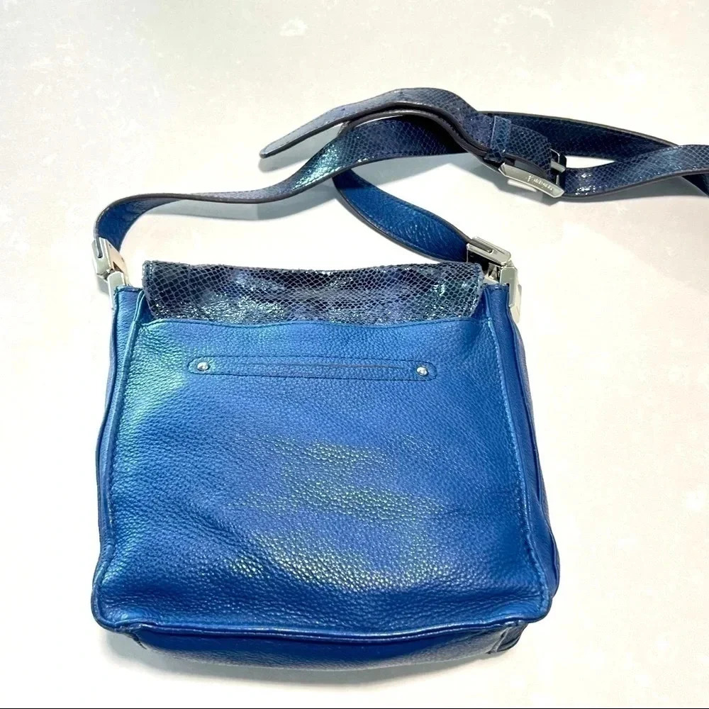 B. MAKOWSKY BLUE LEATHER REPTILE  SKIN EMBOSSED PATERN CROSSBODY BAG
